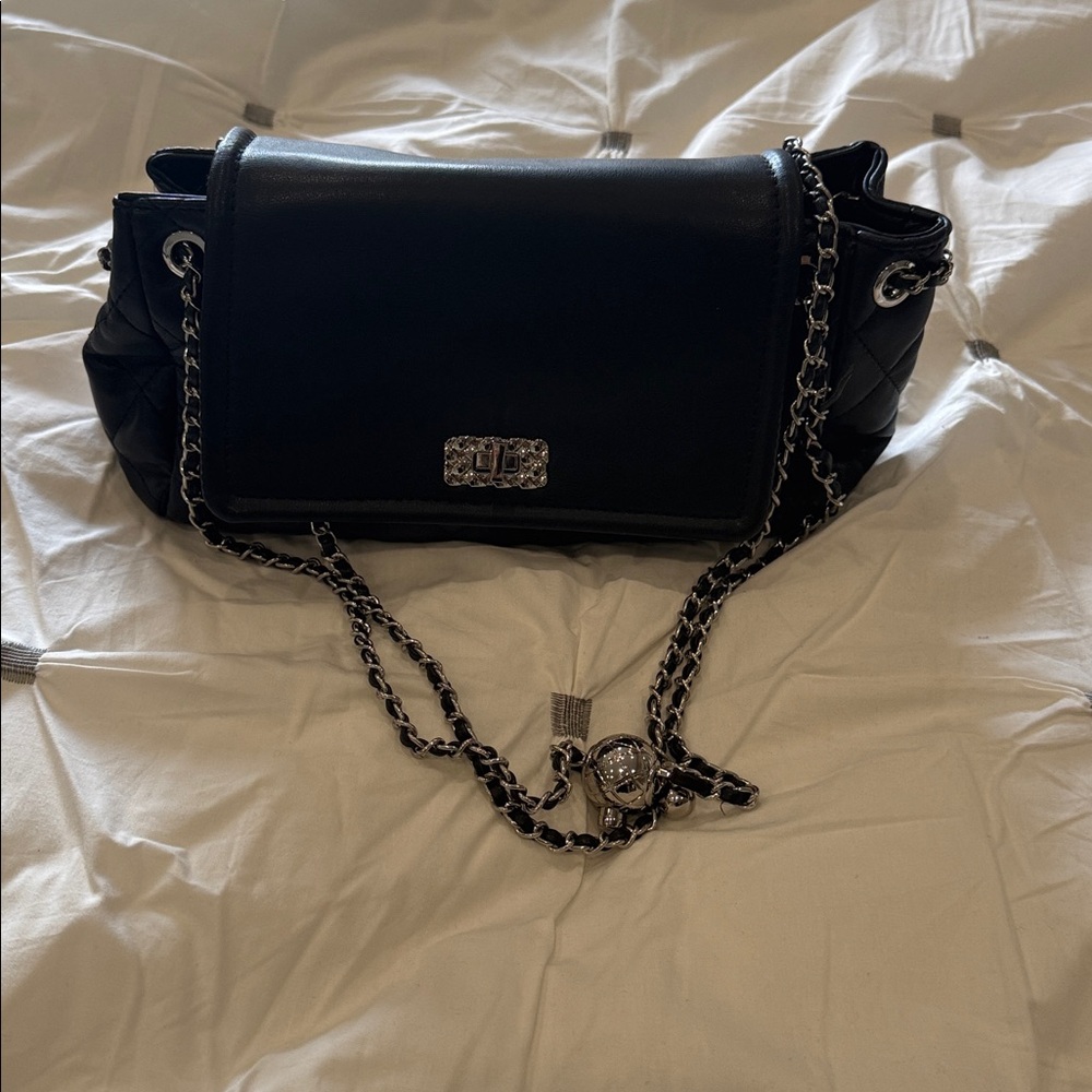 Black Quilted Chain Shoulder Bag with adjustable chain strap.